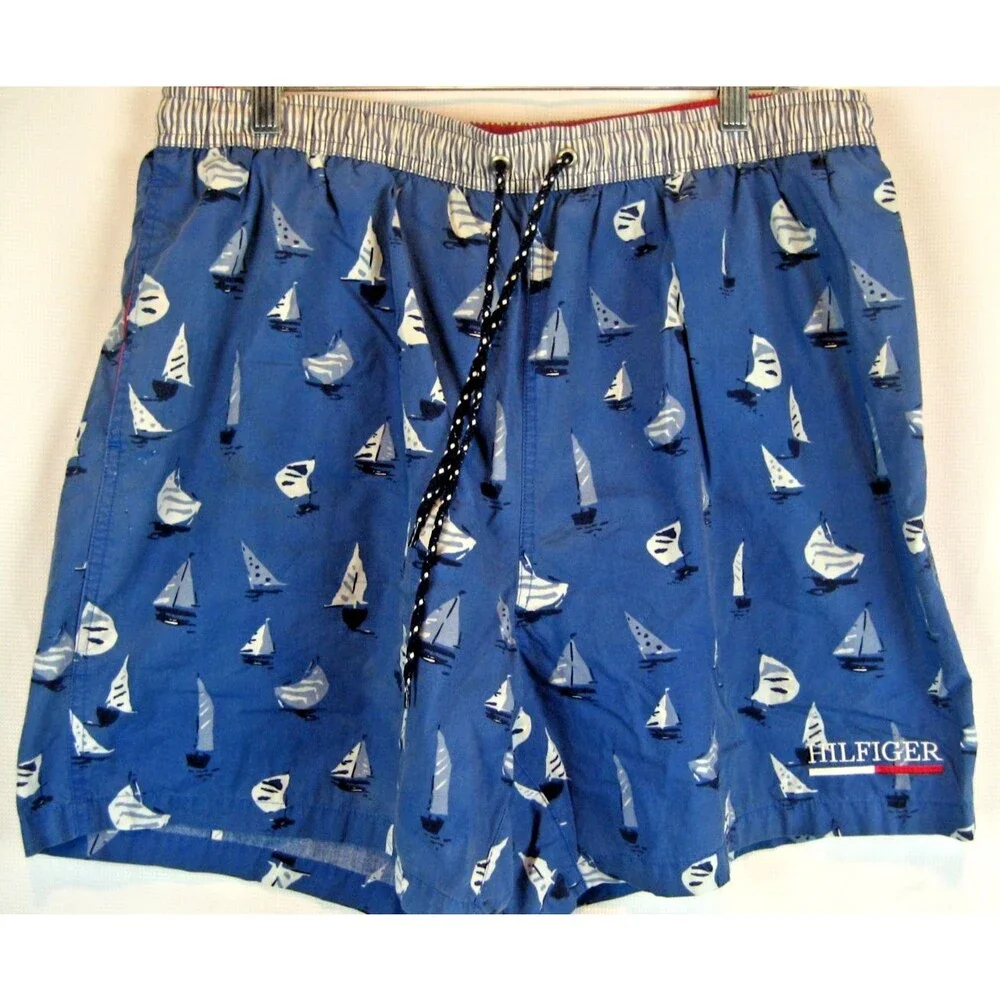 Mens Tommy Hilfiger Blue  Cotton Flat Front Swim Bathing Shorts sz XL